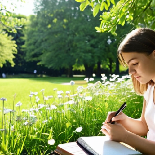 Home 11 **Prompt:** A person journaling outdoors in a sunny park, surrounded by green trees and flowers, with a notebook and pen in hand, capturing their thoughts and observations. The scene should evoke a sense of peace, clarity, and self-reflection.