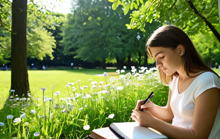 **Prompt:** A person journaling outdoors in a sunny park, surrounded by green trees and flowers, with a notebook and pen in hand, capturing their thoughts and observations. The scene should evoke a sense of peace, clarity, and self-reflection.