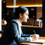 A thoughtful individual, fully clothed in modest, professional attire, seated at a window table in a bustling, sunlit coffee shop. They are holding a pen and a small notebook, a subtle expression of keen observation and insight on their face, as if an "aha!" moment is occurring. In the background, blurred figures of other patrons and a barista at work create an ambient, everyday scene, hinting at the rich tapestry of daily life. The lighting is soft and natural, emphasizing a quiet moment of discovery. safe for work, appropriate content, fully clothed, professional dress, perfect anatomy, correct proportions, natural pose, well-formed hands, proper finger count, natural body proportions, professional photography, high quality, modest.