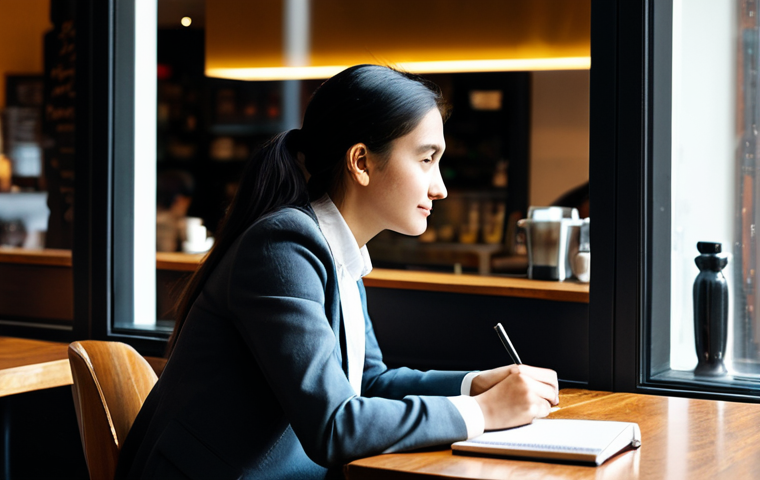 A thoughtful individual, fully clothed in modest, professional attire, seated at a window table in a bustling, sunlit coffee shop. They are holding a pen and a small notebook, a subtle expression of keen observation and insight on their face, as if an "aha!" moment is occurring. In the background, blurred figures of other patrons and a barista at work create an ambient, everyday scene, hinting at the rich tapestry of daily life. The lighting is soft and natural, emphasizing a quiet moment of discovery. safe for work, appropriate content, fully clothed, professional dress, perfect anatomy, correct proportions, natural pose, well-formed hands, proper finger count, natural body proportions, professional photography, high quality, modest.