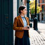 A person, gender-neutral, in a stylish yet modest business casual outfit, stands on a quiet urban street corner during early morning. They are holding a reusable coffee cup, gazing attentively at the intricate architectural details of a historic building across the street. Soft morning sunlight highlights the textures of the brickwork and the subtle patterns on the pavement. The scene conveys a sense of calm and focused observation, highlighting the beauty in everyday details. Fully clothed, appropriate attire, modest clothing, safe for work, appropriate content, perfect anatomy, correct proportions, natural pose, well-formed hands, proper finger count, professional photography, high quality.