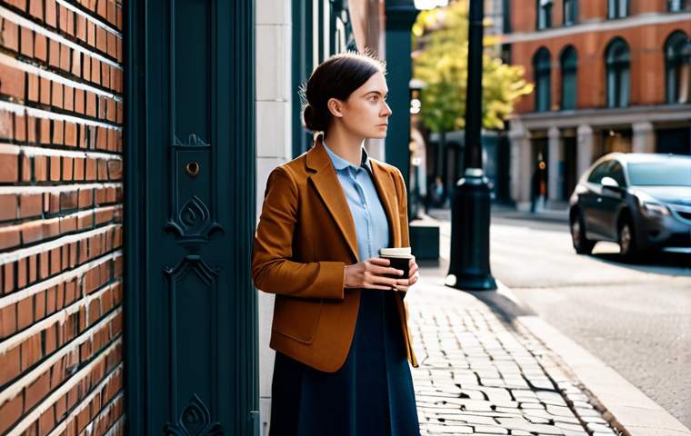 A person, gender-neutral, in a stylish yet modest business casual outfit, stands on a quiet urban street corner during early morning. They are holding a reusable coffee cup, gazing attentively at the intricate architectural details of a historic building across the street. Soft morning sunlight highlights the textures of the brickwork and the subtle patterns on the pavement. The scene conveys a sense of calm and focused observation, highlighting the beauty in everyday details. Fully clothed, appropriate attire, modest clothing, safe for work, appropriate content, perfect anatomy, correct proportions, natural pose, well-formed hands, proper finger count, professional photography, high quality.