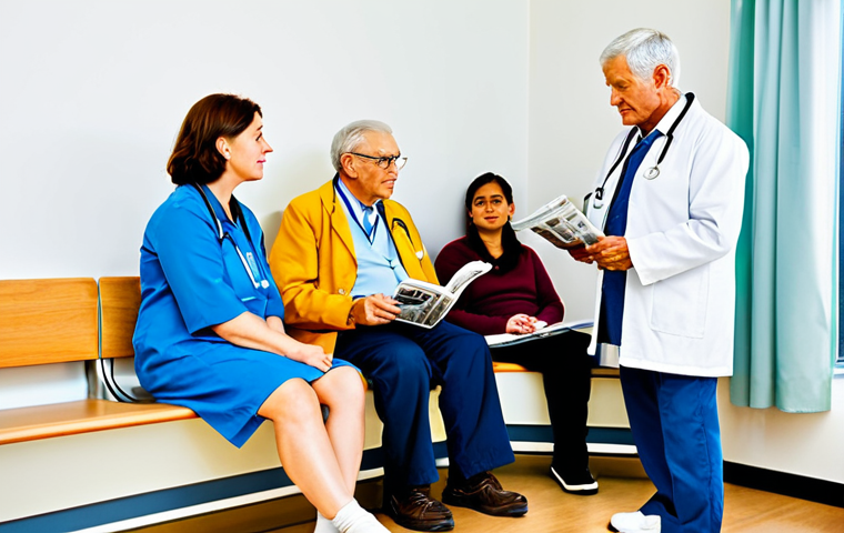 일상 관찰의 경험적 학습 방법 - Waiting Room Wisdom**
"A diverse group of people sitting in a brightly lit, modern doctor's waiting...