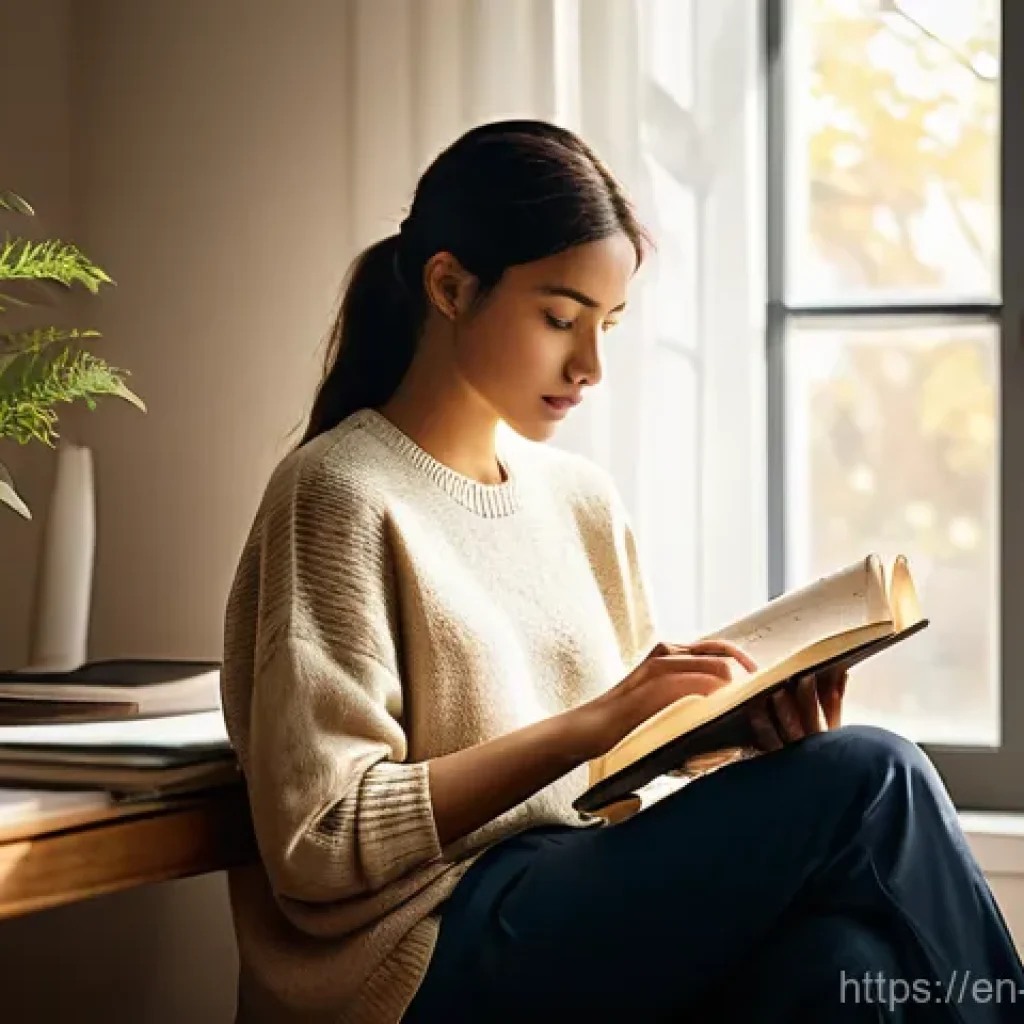 일상 관찰을 통한 성장을 위한 지표 설정하기 - The Awakened Observer**
A serene and thoughtful individual, mid-20s to early 30s, is seated comforta...