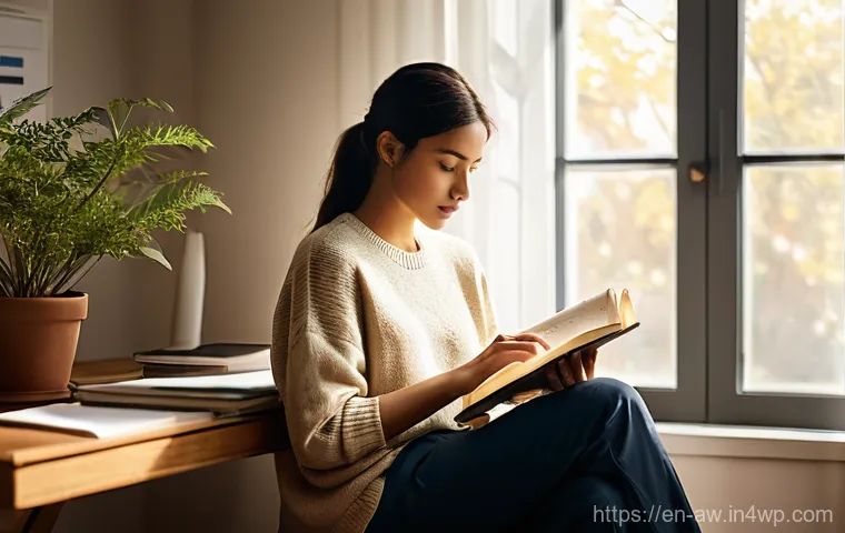 일상 관찰을 통한 성장을 위한 지표 설정하기 - The Awakened Observer**
A serene and thoughtful individual, mid-20s to early 30s, is seated comforta...