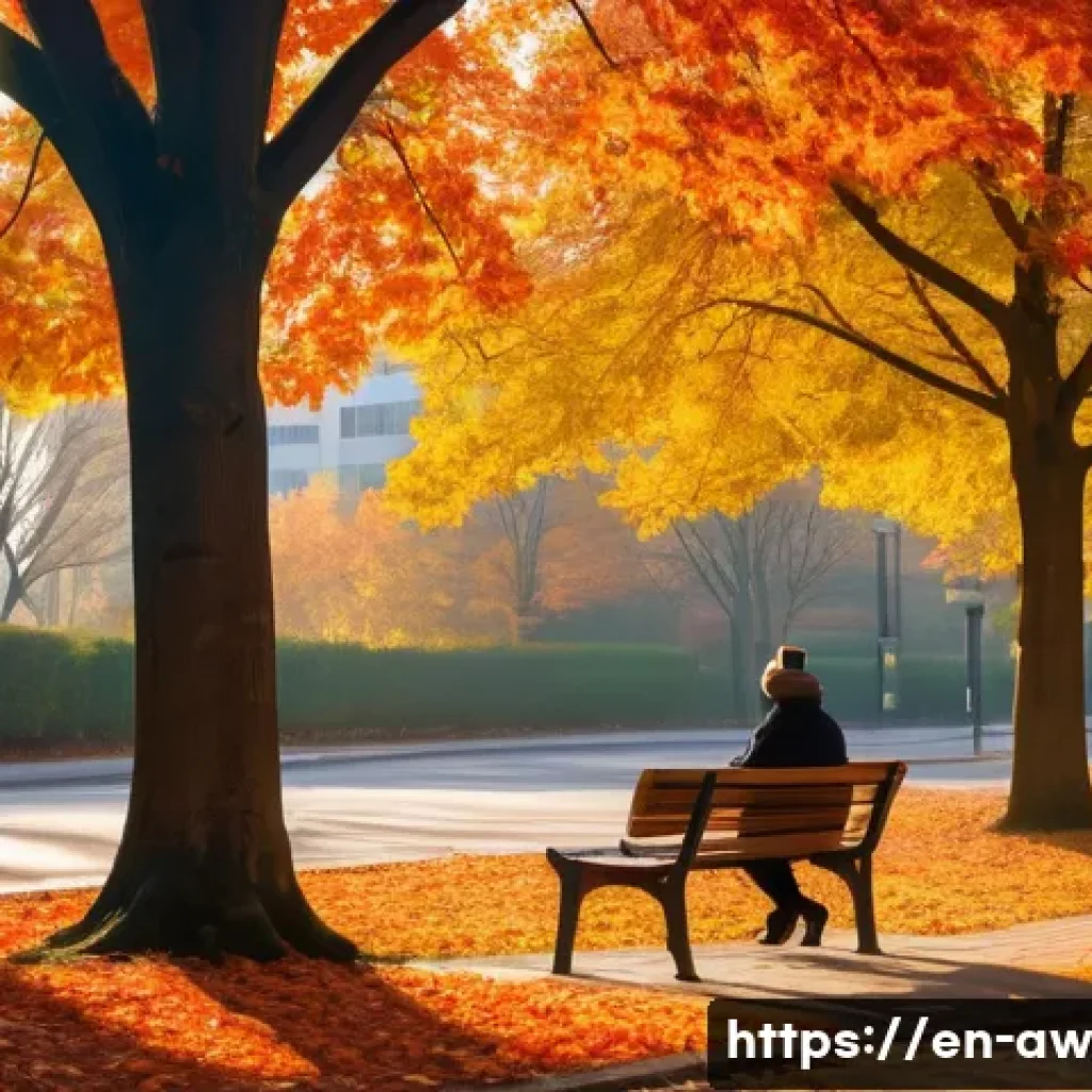 일상 관찰의 실질적 적용 방법 - A serene urban park scene during a crisp autumn morning, featuring a person taking a mindful five-mi...