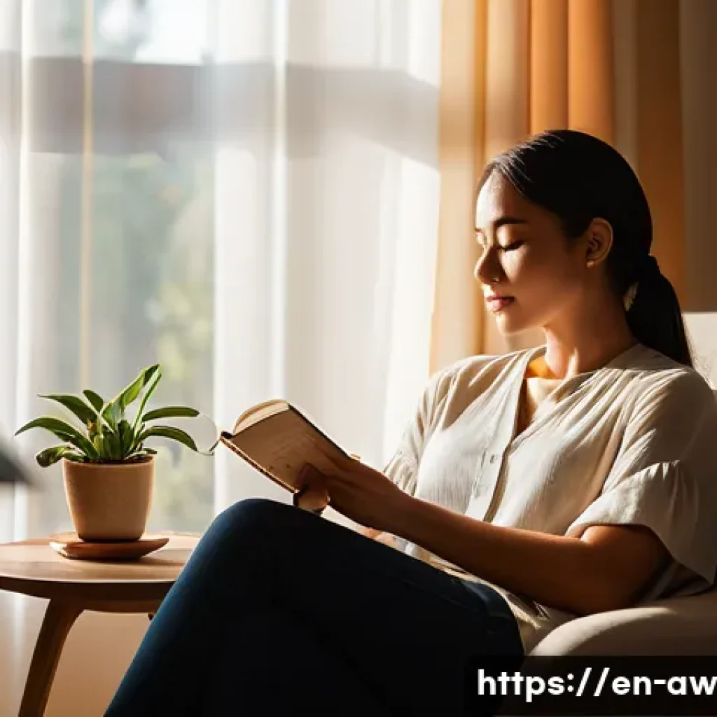 일상 관찰을 통한 자기계발 전략 - A cozy, sunlit corner of a modern living room during golden hour, featuring soft natural light shift...