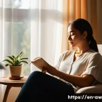 일상 관찰을 통한 자기계발 전략 - A cozy, sunlit corner of a modern living room during golden hour, featuring soft natural light shift...