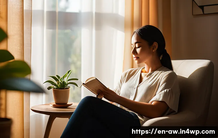 일상 관찰을 통한 자기계발 전략 - A cozy, sunlit corner of a modern living room during golden hour, featuring soft natural light shift...