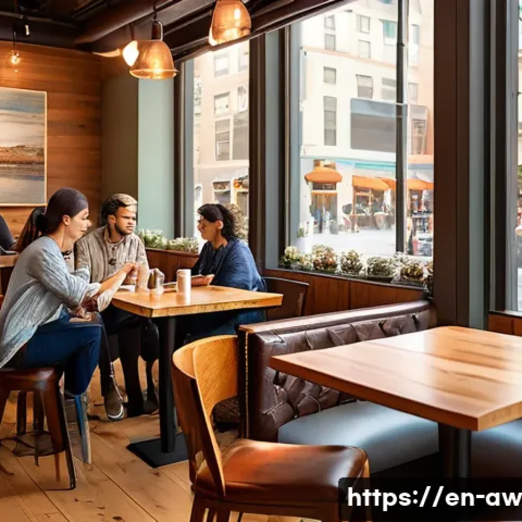 일상 관찰의 단계적 접근 - A cozy urban café scene filled with diverse patrons engaged in quiet conversation, soft natural ligh...