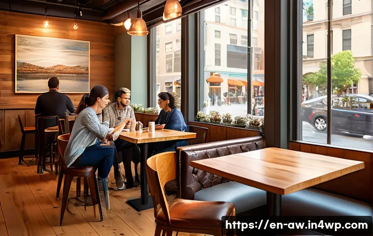 일상 관찰의 단계적 접근 - A cozy urban café scene filled with diverse patrons engaged in quiet conversation, soft natural ligh...