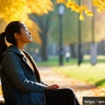 일상 관찰의 정서적 효과 탐구하기 - A serene urban park scene during early morning light, featuring a diverse young woman sitting peacef...