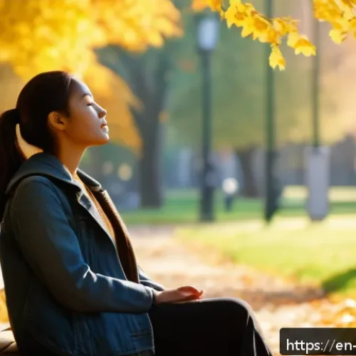 일상 관찰의 정서적 효과 탐구하기 - A serene urban park scene during early morning light, featuring a diverse young woman sitting peacef...