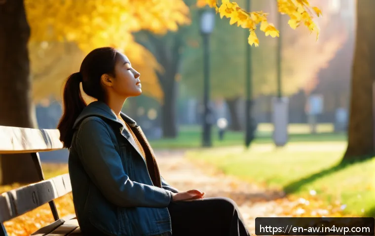 일상 관찰의 정서적 효과 탐구하기 - A serene urban park scene during early morning light, featuring a diverse young woman sitting peacef...